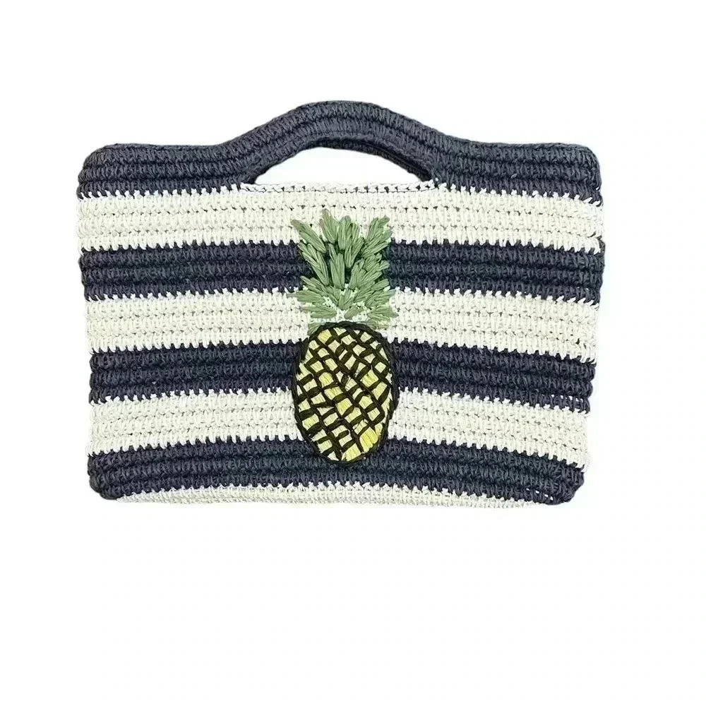 Talbots Clutch Paper Straw Pineapple Print Tropical Striped Blue White